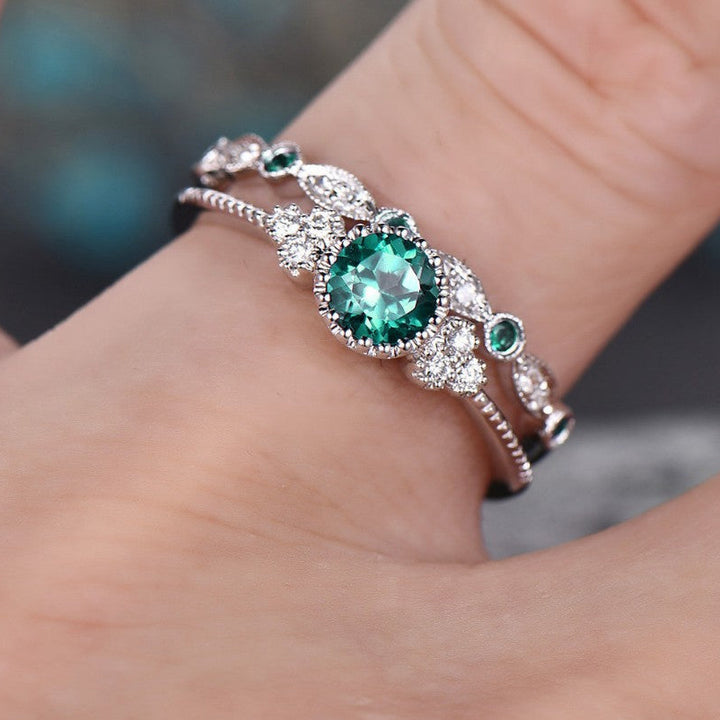 Round Cut Gemstone Halo Ring Set, Vintage Stackable Matching Wedding Bands for Women