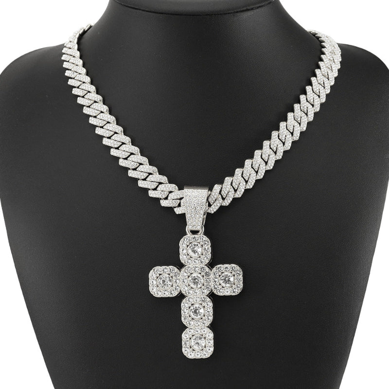 Halo Square Cluster Diamond Cross Pendant Cuban Link Necklace, Hip Hop Faith Religious Statement Jewelry