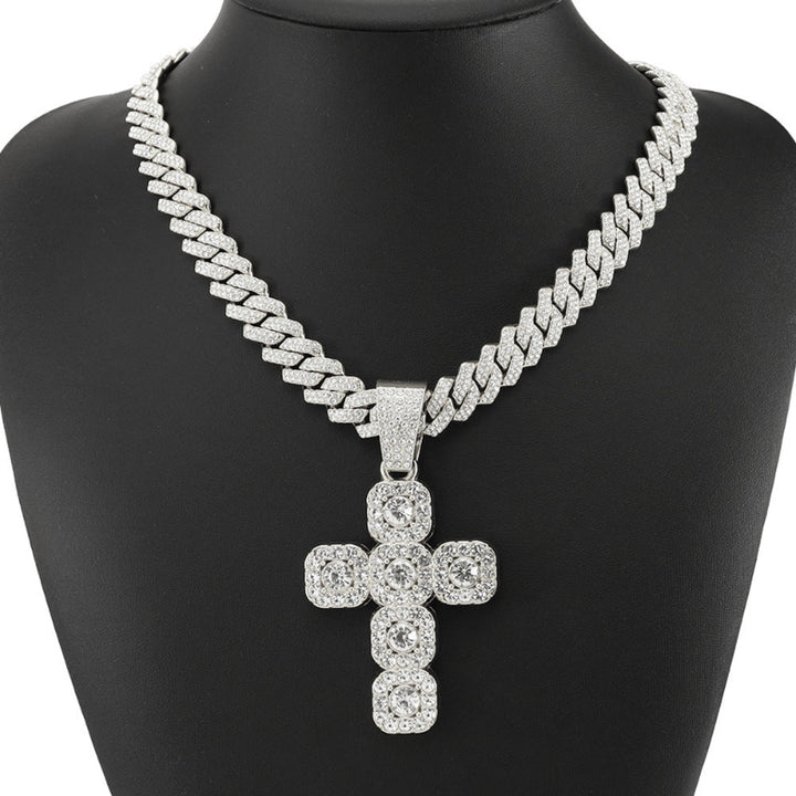 Halo Square Cluster Diamond Cross Pendant Cuban Link Necklace, Hip Hop Faith Religious Statement Jewelry