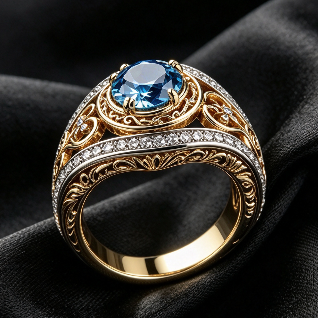 Vintage Filigree Round Gemstone Ring, Two-tone Ornate Statement Ring for Women