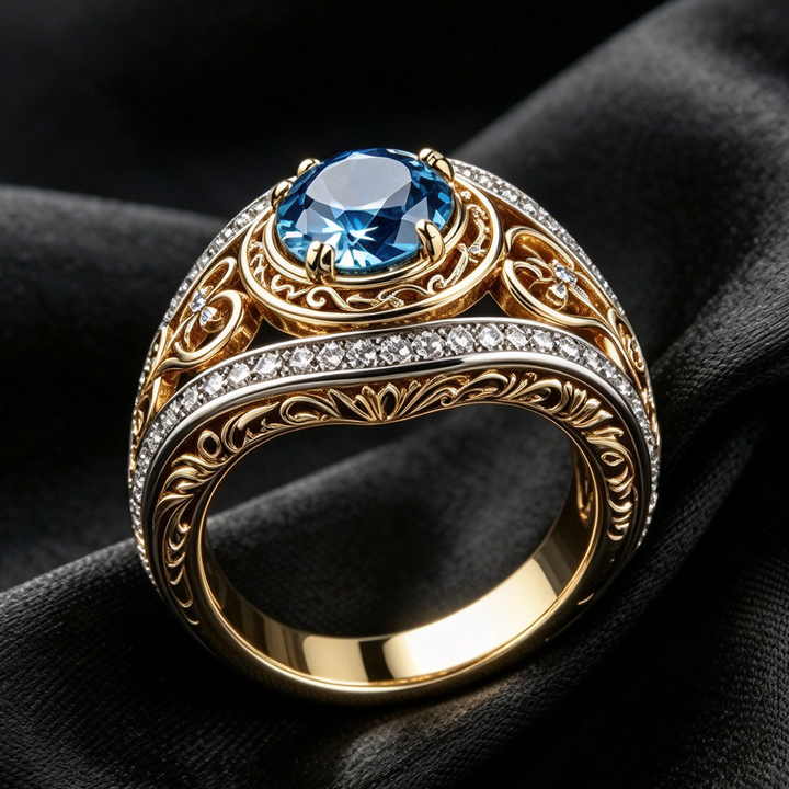 Vintage Filigree Round Gemstone Ring, Two-tone Ornate Statement Ring for Women