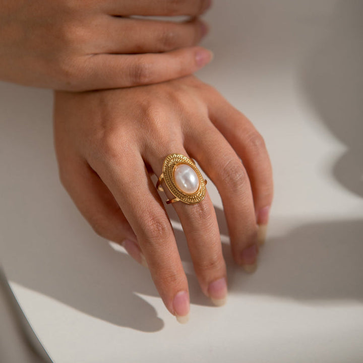 Vintage Multi-Layer Oval Pearl Open Ring, Adjustable 18K Gold Statement Ring