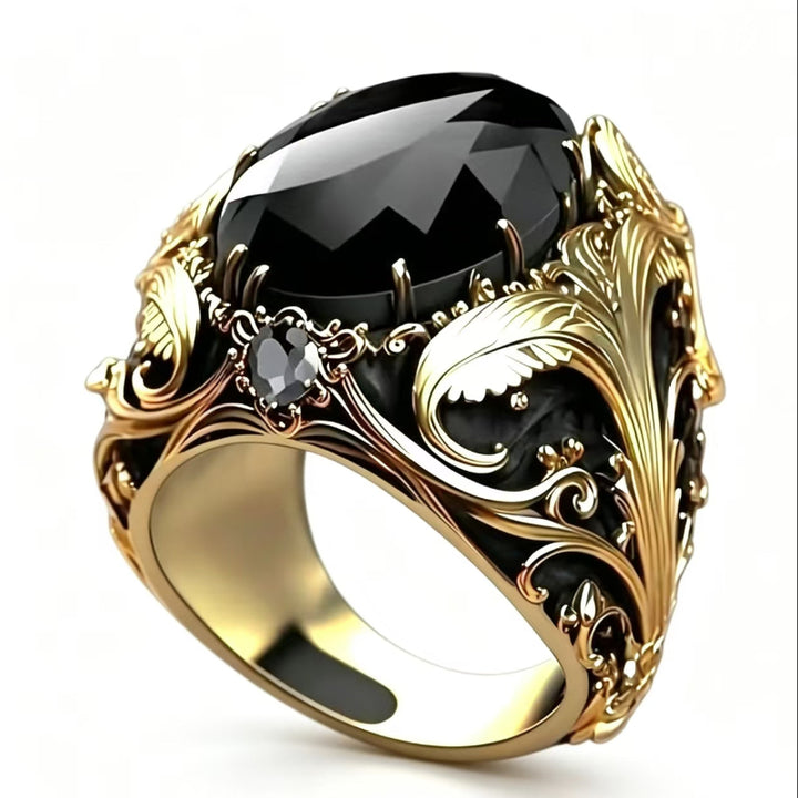 Vintage Ornate Black Gem &amp; Diamond Men’s Statement Ring, Two‑Tone Finish Gothic Wide Band Ring