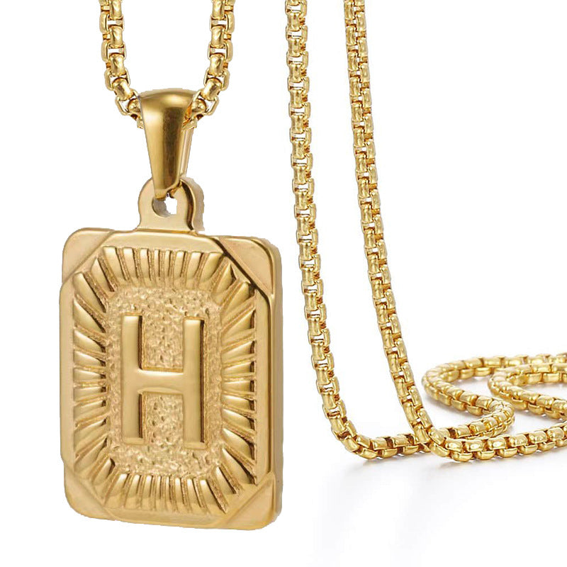 A-Z Vintage Sunburst Initial Tag Pendant Necklace, Personalized Men Women Hip Hop Stackable Statement Jewelry