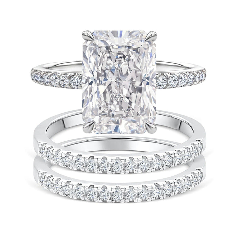 4 Prong Radiant Cut Half Pave Diamond Bridal Stack Ring Set, 2-Tone Gold & Silver Wedding Band Combo