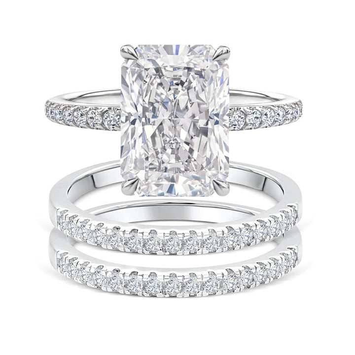 4 Prong Radiant Cut Half Pave Diamond Bridal Stack Ring Set, 2-Tone Gold & Silver Wedding Band Combo