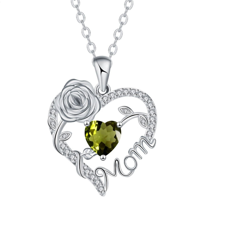 Mom Rose Heart Diamond Pendant Necklace, Hollow Open Heart Floral Jewelry Gift For Mother’s Day Birthday