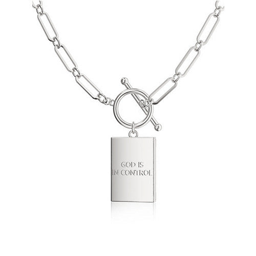 Paperclip Chain Toggle Clasp Rectangular Tag Pendant Necklace, Engraved Back Layerable Daily Fashion Jewelry