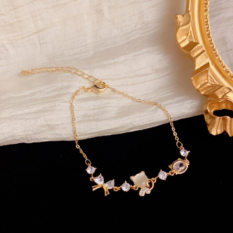 Cute Cat & Bow Diamond Chain Bracelet, Adjustable Dainty Wrist Jewelry in Gold & Silver Tone for Women