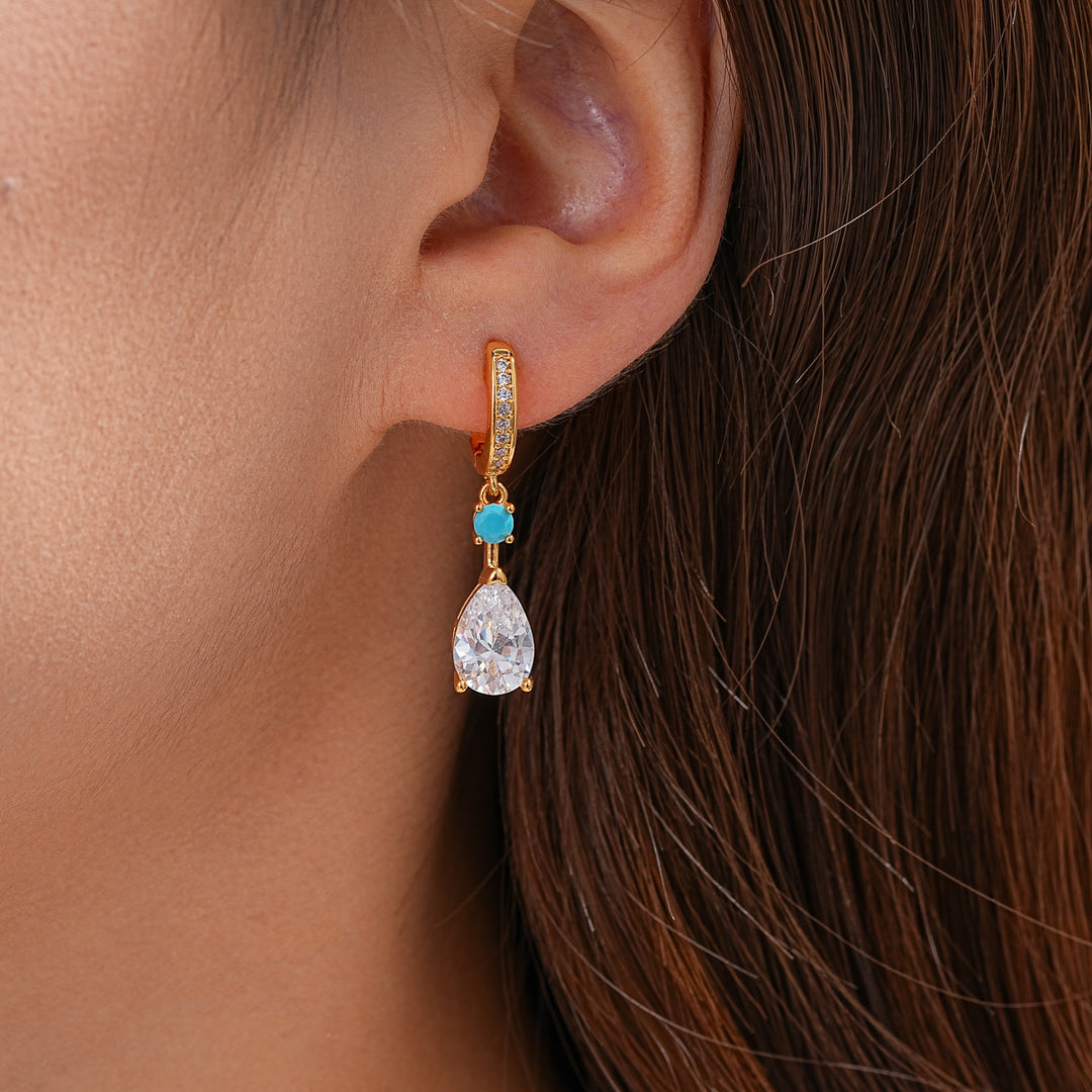 Teardrop Dangle Huggie Earrings, Turquoise Accent Drop Earrings for Women, Elegant Daily &amp; Party Jewelry