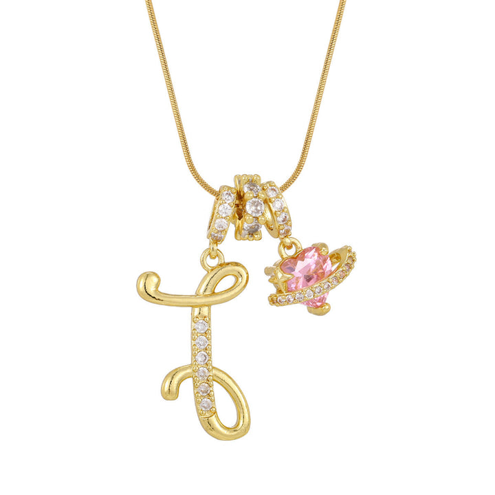 26 Letters Cursive Initial Pink Heart Planet Charm Gold Snake Chain Necklace