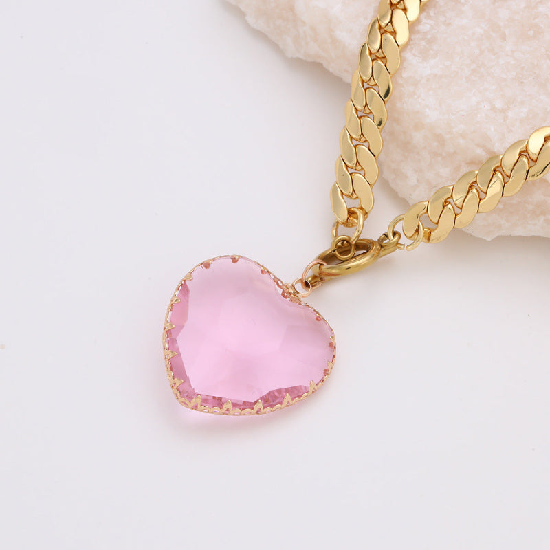 Oversized Faceted Heart Gem Curb Chain Toggle Choker, Cuban Link Love Statement Necklace For Women