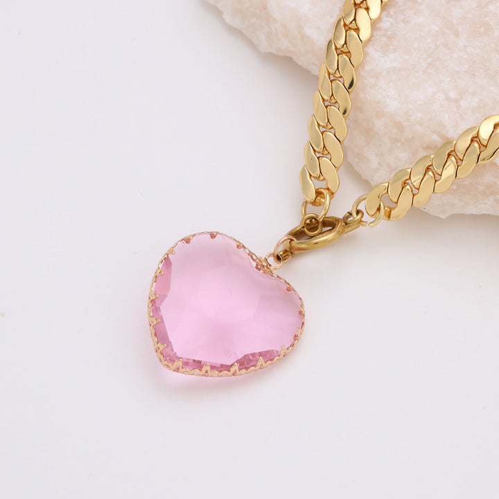 Oversized Faceted Heart Gem Curb Chain Toggle Choker, Cuban Link Love Statement Necklace For Women
