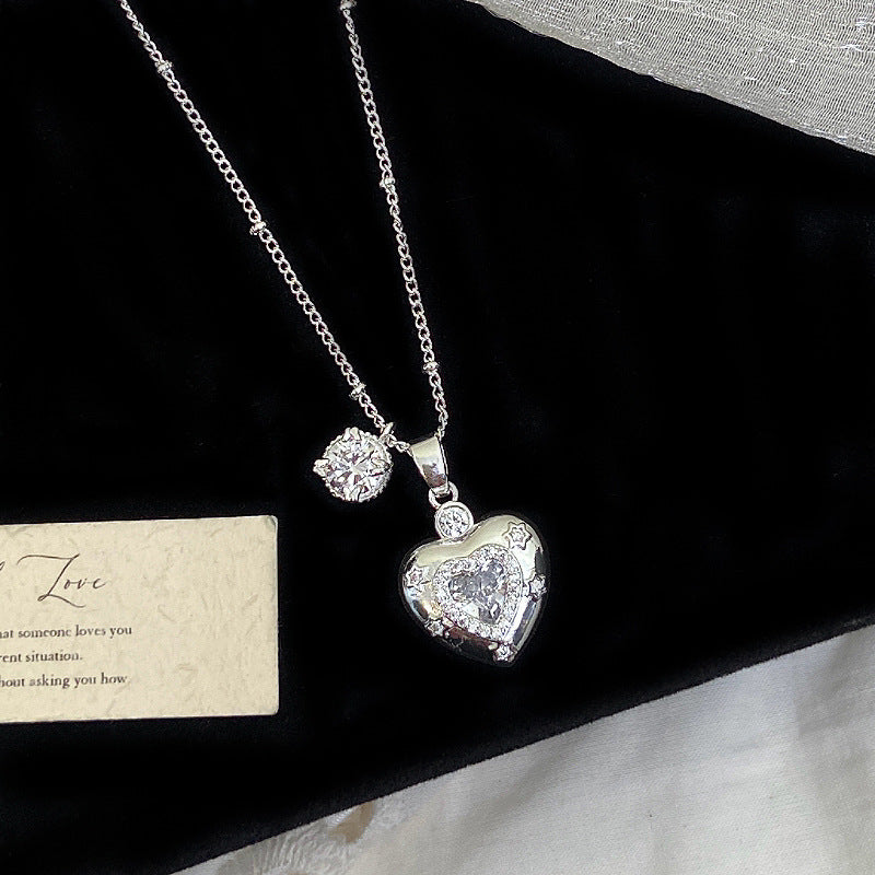 Vintage Heart Locket Jewelry Set, Paved Diamond Photo‑Keep Earring &amp; Necklace With Pearl Detail
