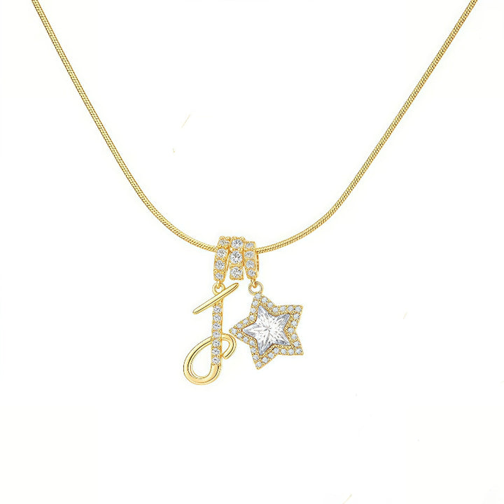 Cursive Initial Letter Diamond Star Pendant Necklace, 26‑Alphabet Snake Chain Necklace