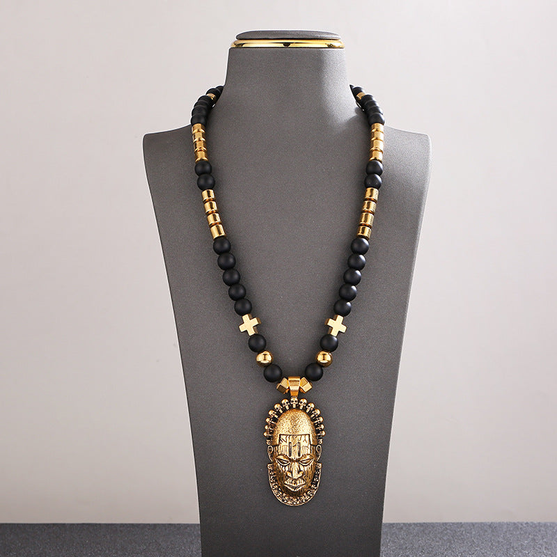 Black Onyx Gold Mask Necklace, Pendant Beaded Stackable Sweater Chain Jewelry