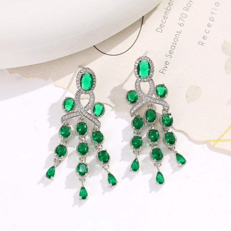 Long Tassel Halo Gemstone Drop Earrings Collection, Silver & Gold Tone Formal Statement Jewelry