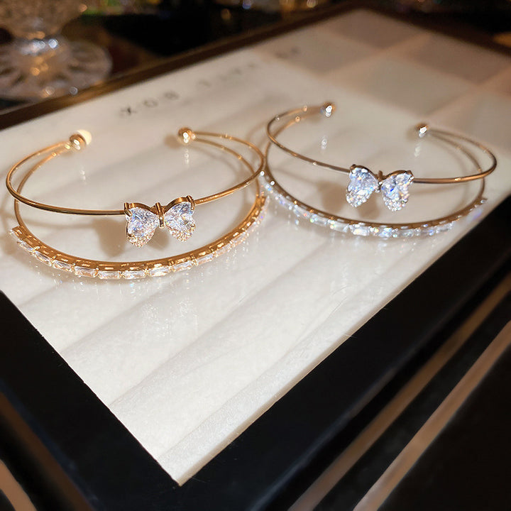 Double Layer Butterfly Diamond Open Cuff Bangle, Heart Stone Bow Stackable Bracelet