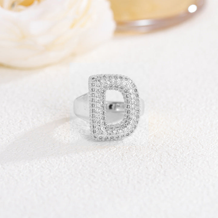 Adjustable Open Iced‑Out Initial Letter Diamond Ring, 26‑Alphabet Statement Unique Style Ring