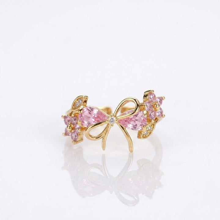 Floral & Bow Diamond Statement Rings, Tone Romantic Whimsical Adjustable open design