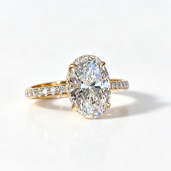 Oval Cut Pave Side Shank Solitaire Engagement Ring, Minimal Luxury Milgrain Edge Bridal Promise Jewelry