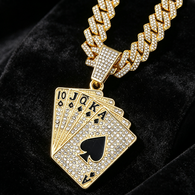 Iced‑Out Poker Card Pendant Necklace, Hip Hop Diamond Cuban Necklace