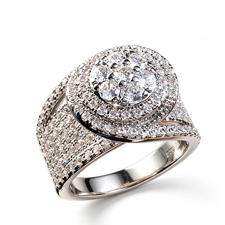 Double Halo Full Paved Stone Wide Ring, 18K Gold Silver Two Tone Statement Band