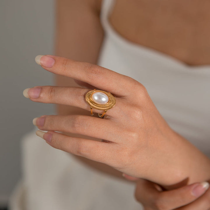Vintage Multi-Layer Oval Pearl Open Ring, Adjustable 18K Gold Statement Ring