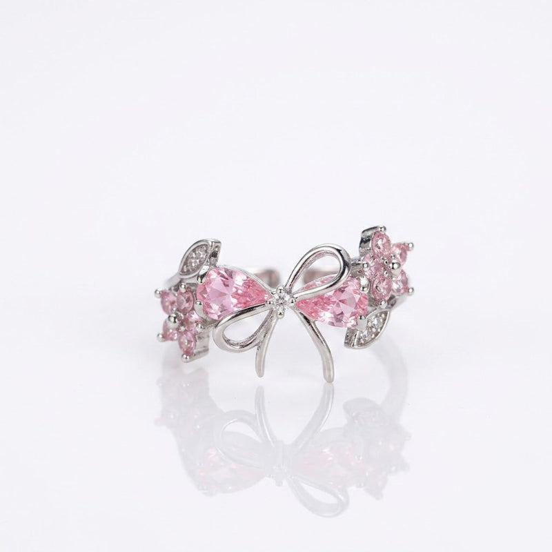 Floral & Bow Diamond Statement Rings, Tone Romantic Whimsical Adjustable open design