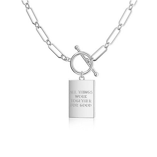 Paperclip Chain Toggle Clasp Rectangular Tag Pendant Necklace, Engraved Back Layerable Daily Fashion Jewelry
