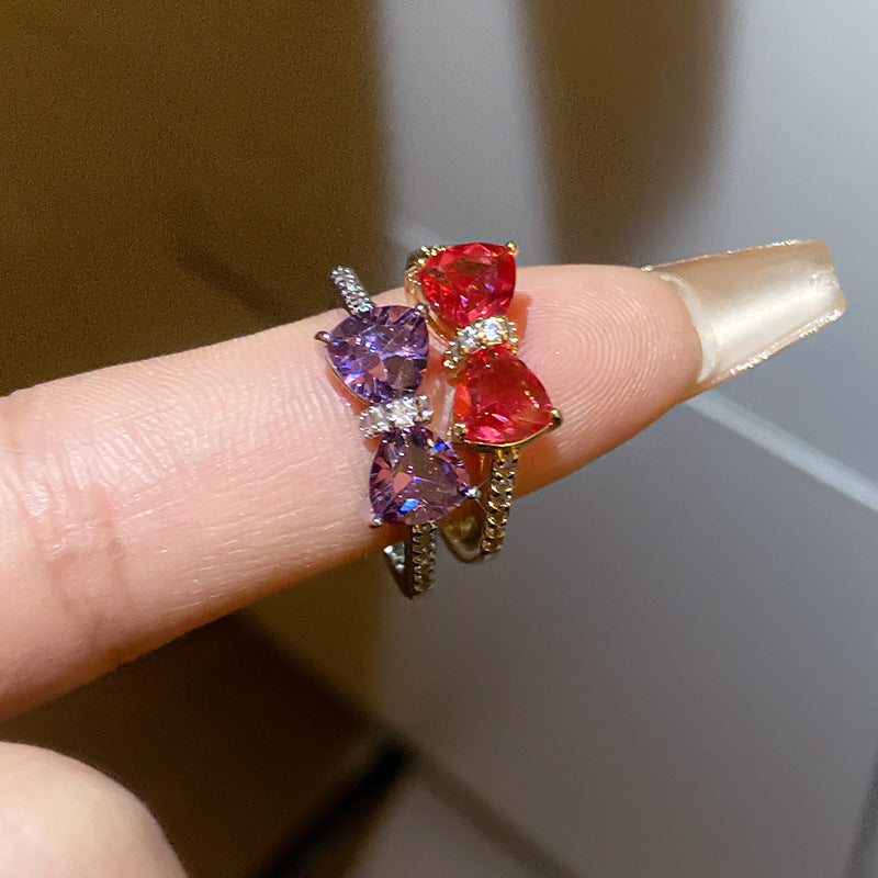 Bow‑Shaped Heart Gem & Diamond Adjustable Open Ring, Elegant Color Statement Ring for Women