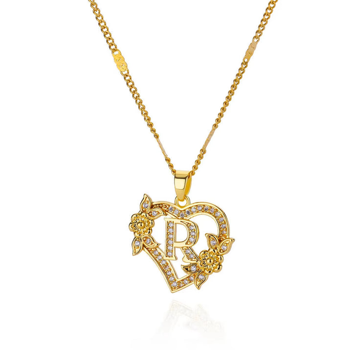 Heart‑Shape Floral 26‑Letter Initial Pendant Necklace, 2‑Tone Option