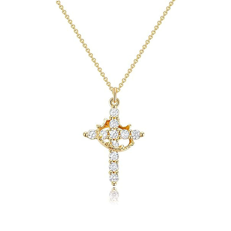 Crown Accent Paved Diamond Cross Necklace, 2 Tone Dainty Faith Collarbone Chain
