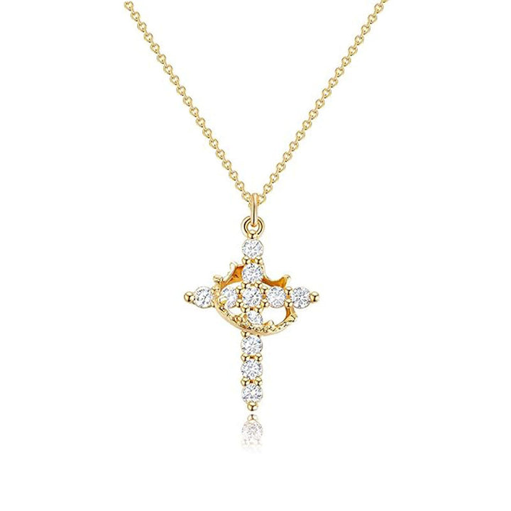 Crown Accent Paved Diamond Cross Necklace, 2 Tone Dainty Faith Collarbone Chain