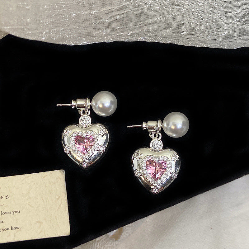 Vintage Heart Locket Jewelry Set, Paved Diamond Photo‑Keep Earring &amp; Necklace With Pearl Detail