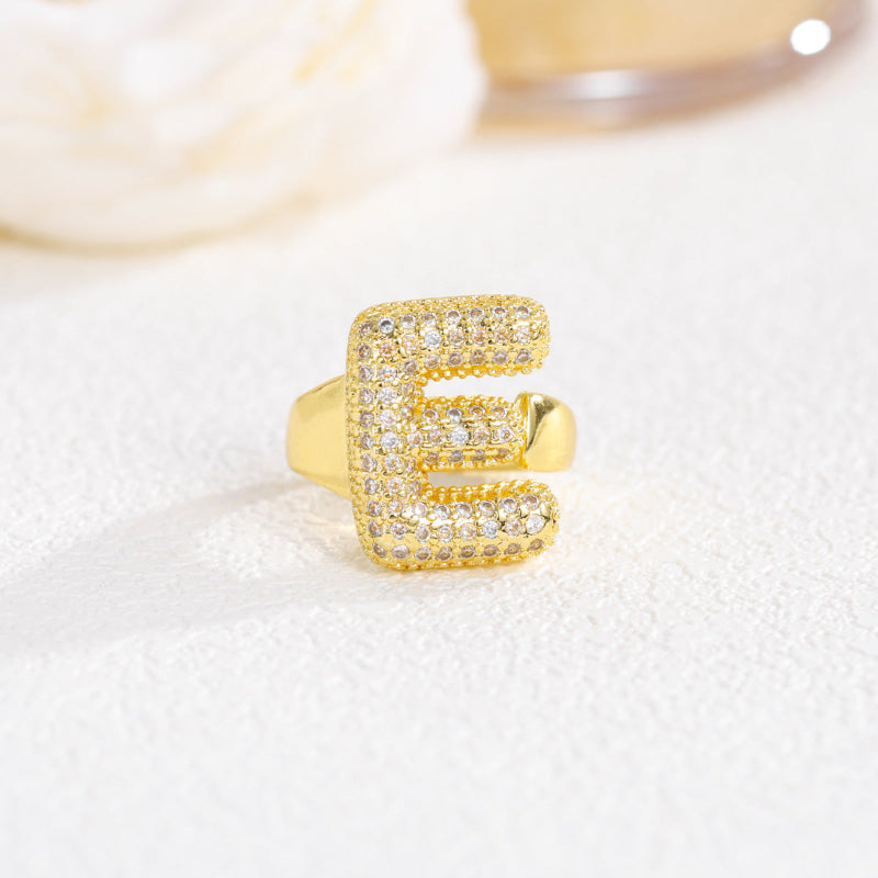 Adjustable Open Iced‑Out Initial Letter Diamond Ring, 26‑Alphabet Statement Unique Style Ring