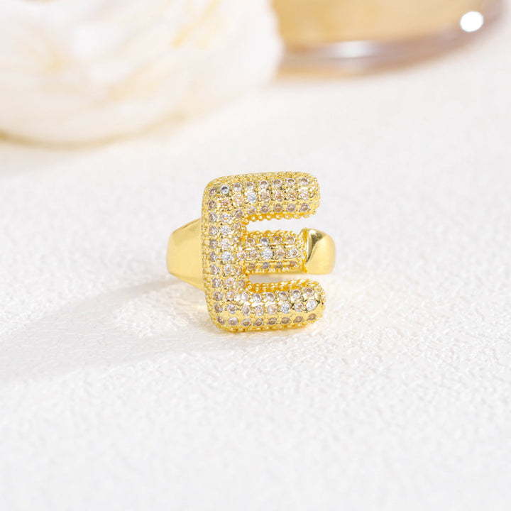 Adjustable Open Iced‑Out Initial Letter Diamond Ring, 26‑Alphabet Statement Unique Style Ring