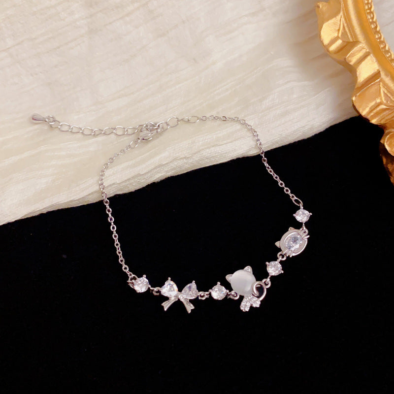 Cute Cat & Bow Diamond Chain Bracelet, Adjustable Dainty Wrist Jewelry in Gold & Silver Tone for Women