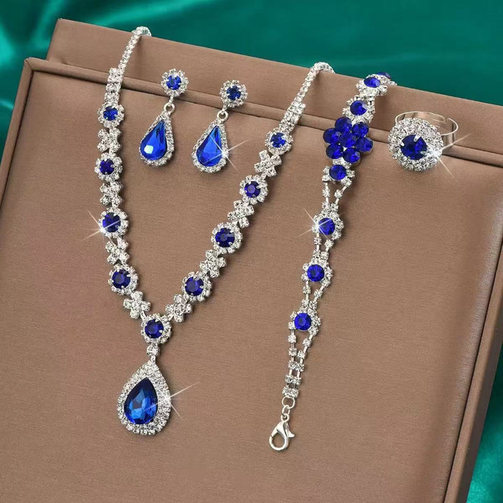 Teardrop Diamond Formal Jewelry 4Pcs Set, Necklace Earrings Bracelet Open Ring Wedding Evening