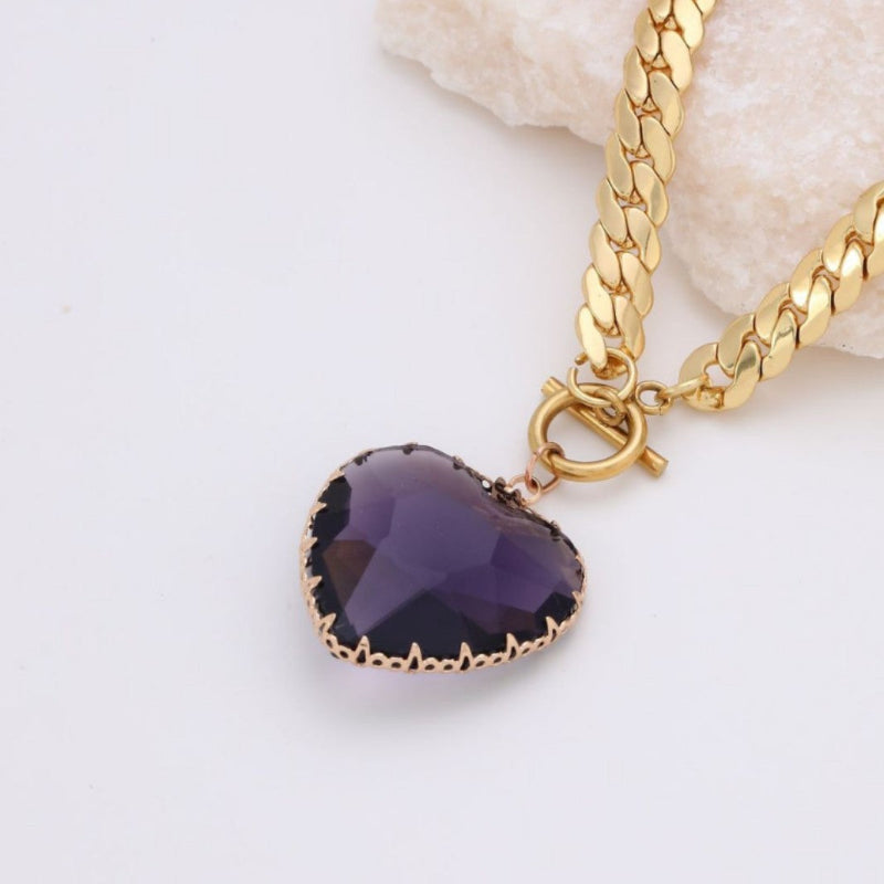 Oversized Faceted Heart Gem Curb Chain Toggle Choker, Cuban Link Love Statement Necklace For Women