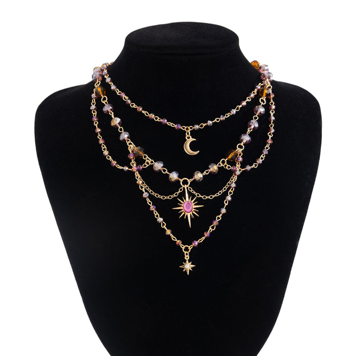 Celestial Moon Sun Star Purple Amber Bead Collarbone Necklace, Witchy Boho Stack Statement