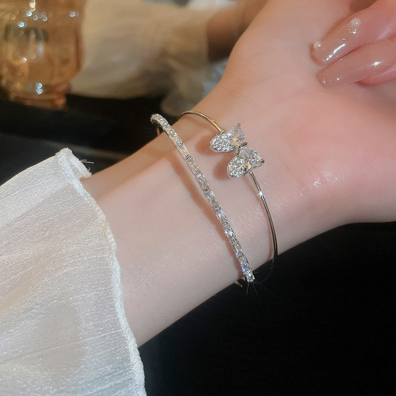 Double Layer Butterfly Diamond Open Cuff Bangle, Heart Stone Bow Stackable Bracelet