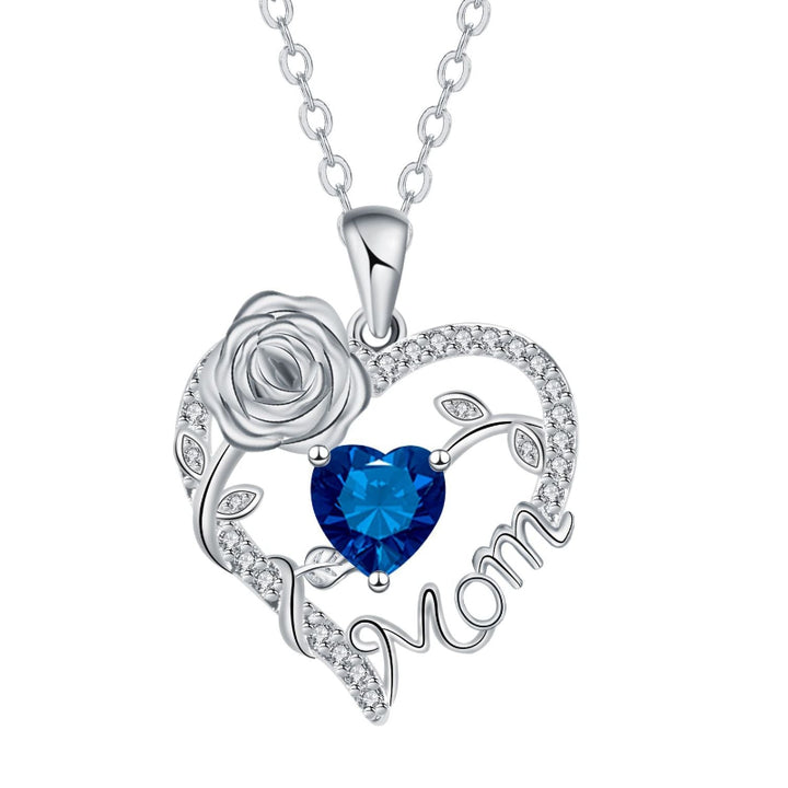 Mom Rose Heart Diamond Pendant Necklace, Hollow Open Heart Floral Jewelry Gift For Mother’s Day Birthday