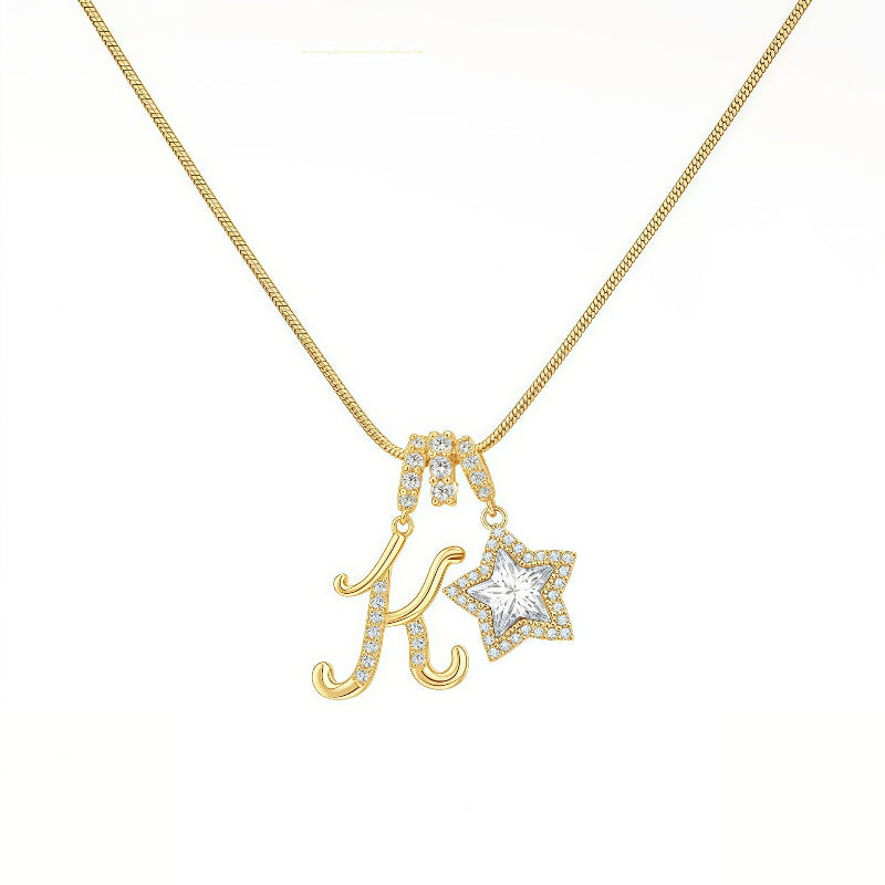 Cursive Initial Letter Diamond Star Pendant Necklace, 26‑Alphabet Snake Chain Necklace