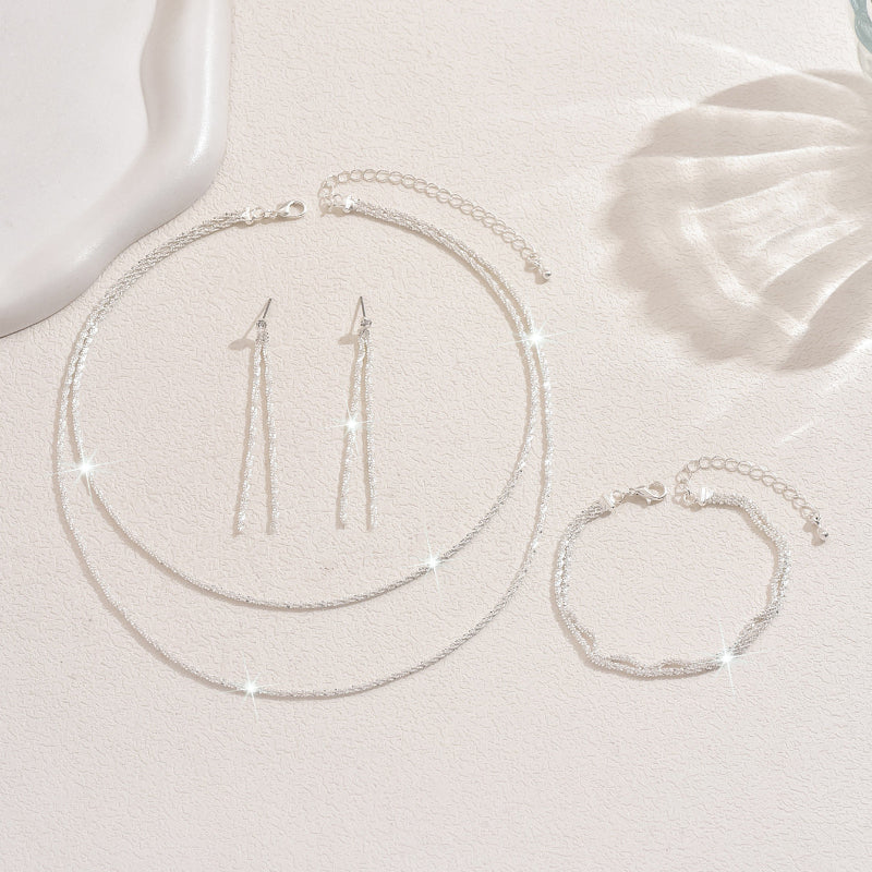 Shimmer Layered Diamond Chain Jewelry Set, Fashionable Double-Layer Stacked Starry Sky Necklace, Earrings, and Bracelet