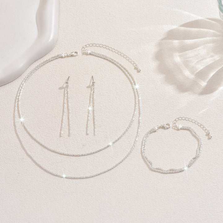 Shimmer Layered Diamond Chain Jewelry Set, Fashionable Double-Layer Stacked Starry Sky Necklace, Earrings, and Bracelet