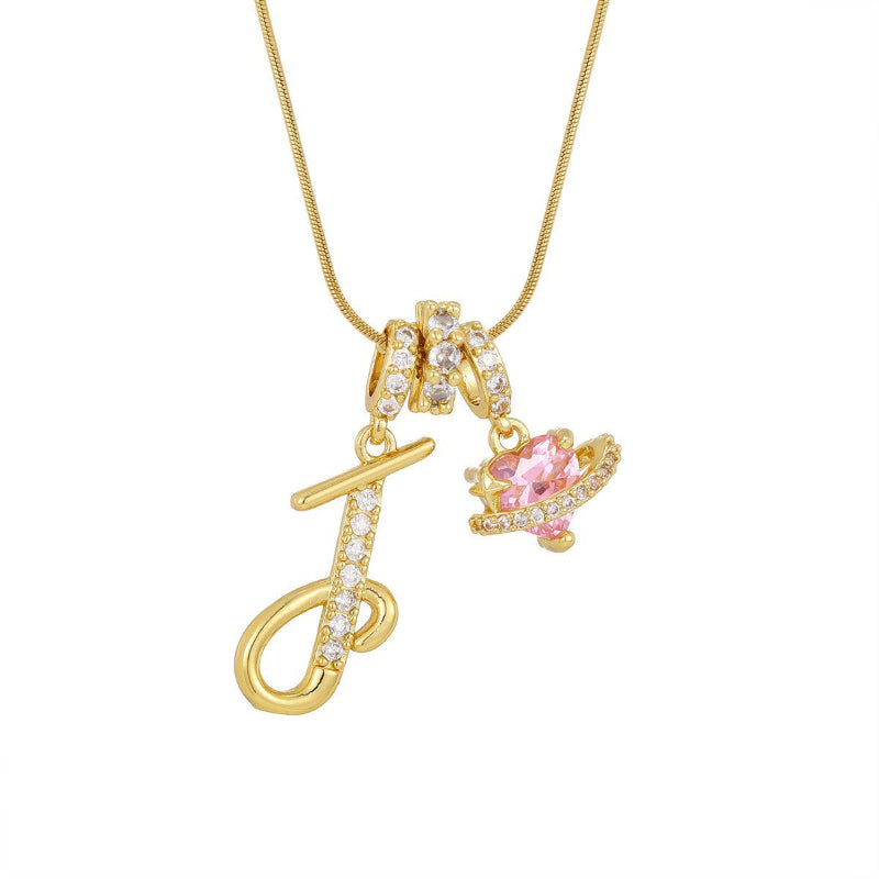 26 Letters Cursive Initial Pink Heart Planet Charm Gold Snake Chain Necklace