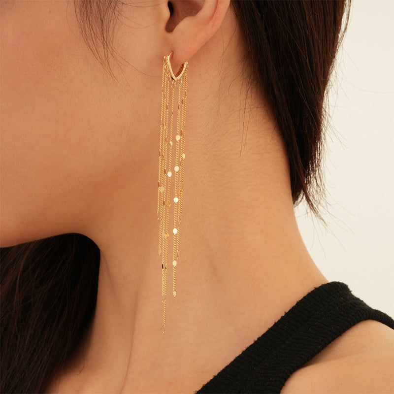 Teardrop Hoop Sequins Tassel Drop Earrings, Long Dangle Shimmer Party Stackable Statement Ear Jewelry