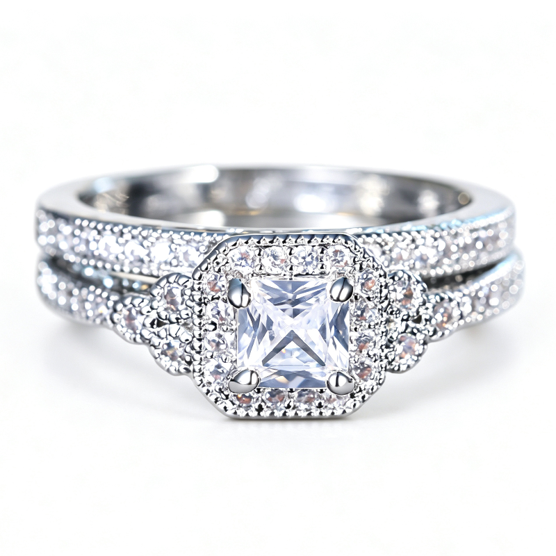 Cushion Cut Halo Bridal Ring Duo, Vintage Pave Stackable Stackable rings