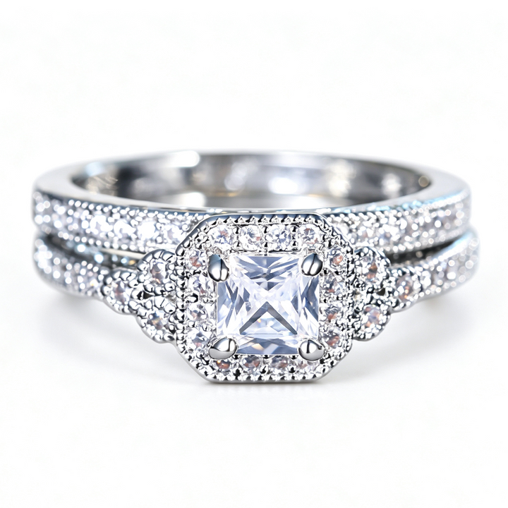 Cushion Cut Halo Bridal Ring Duo, Vintage Pave Stackable Stackable rings